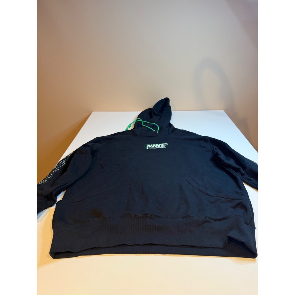 Nike Basketball Hoodie Mens Large Black Graphic Flame Sleeve Fleece Pullover